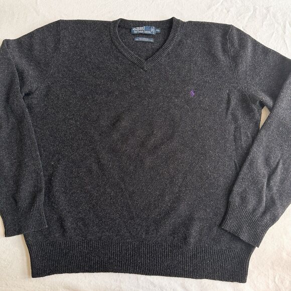 Vintage Polo Ralph Lauren Sweater Mens XL Charcoal 100% Lambswool V-Neck Pony - Picture 3 of 6